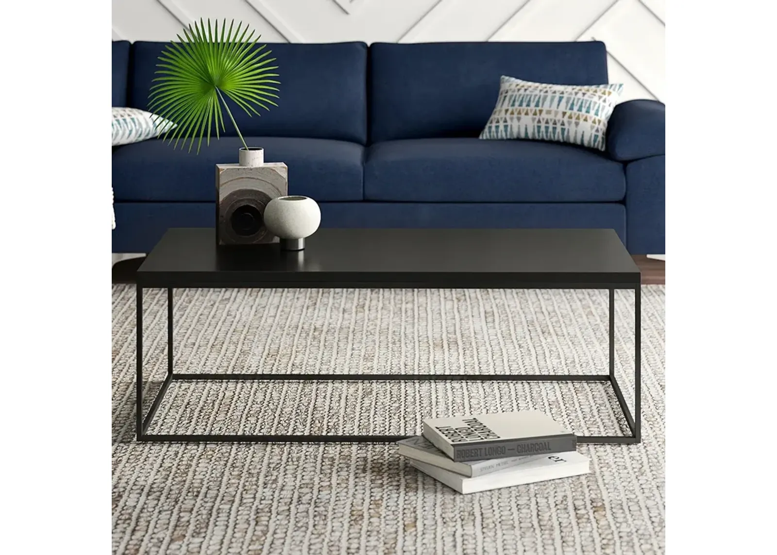 Teresa 47"W Black Wood Steel Rectangular Coffee Table