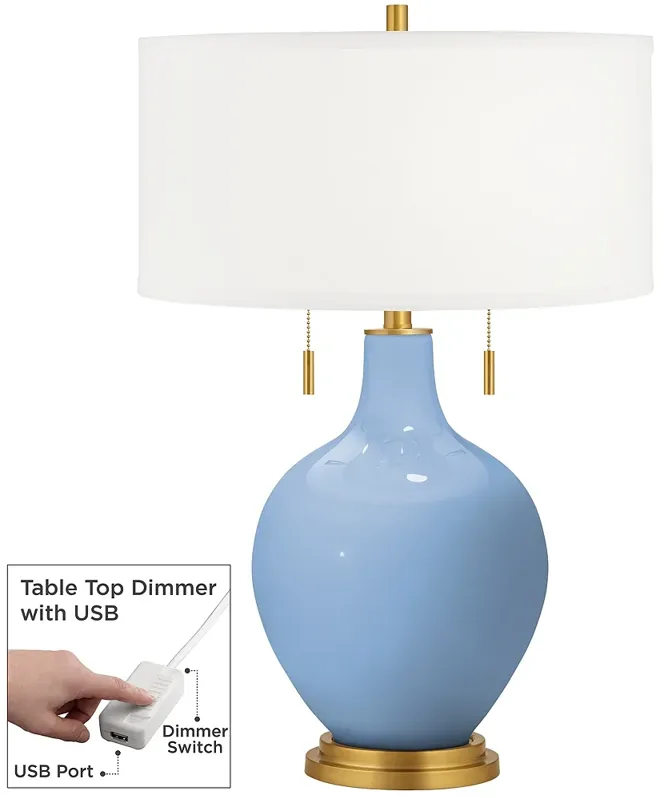 Color Plus Toby Brass 28" Placid Blue Table Lamp with USB Dimmer