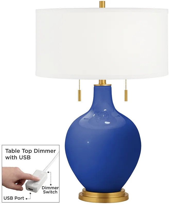 Dazzling Blue Toby Brass Accents Table Lamp with Dimmer