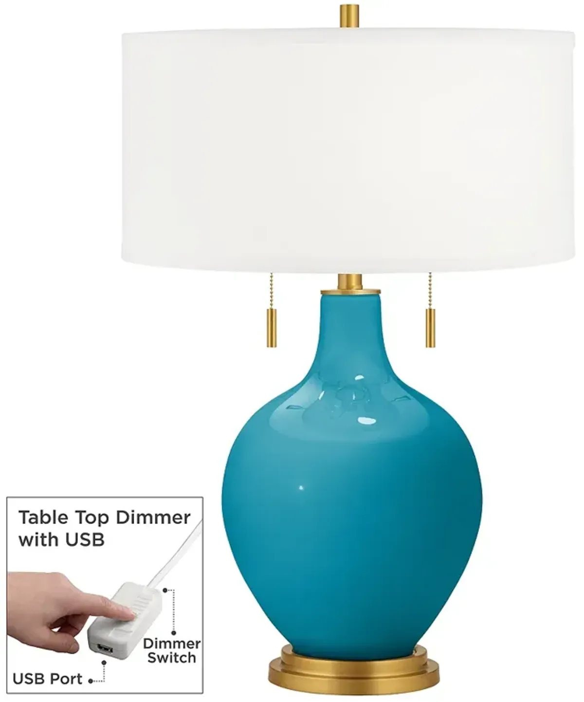 Color Plus Toby Brass 28" Caribbean Sea Blue Lamp with USB Dimmer