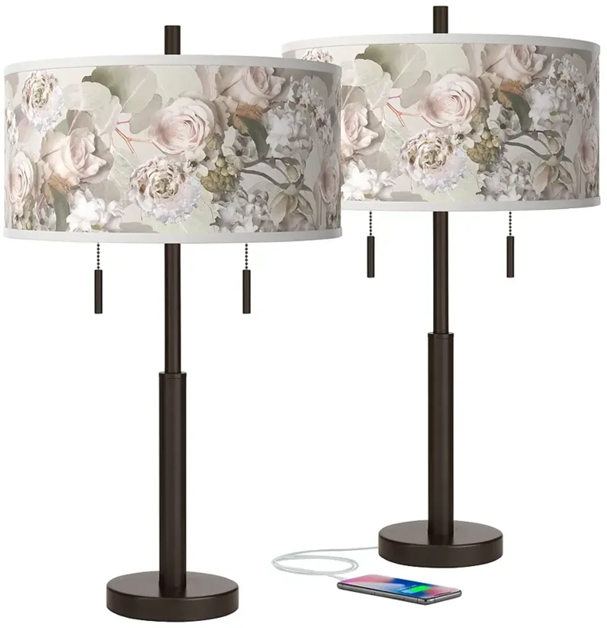 Giclee Glow Robbie 25.5" Rosy Blossoms and Bronze USB Lamps Set of 2