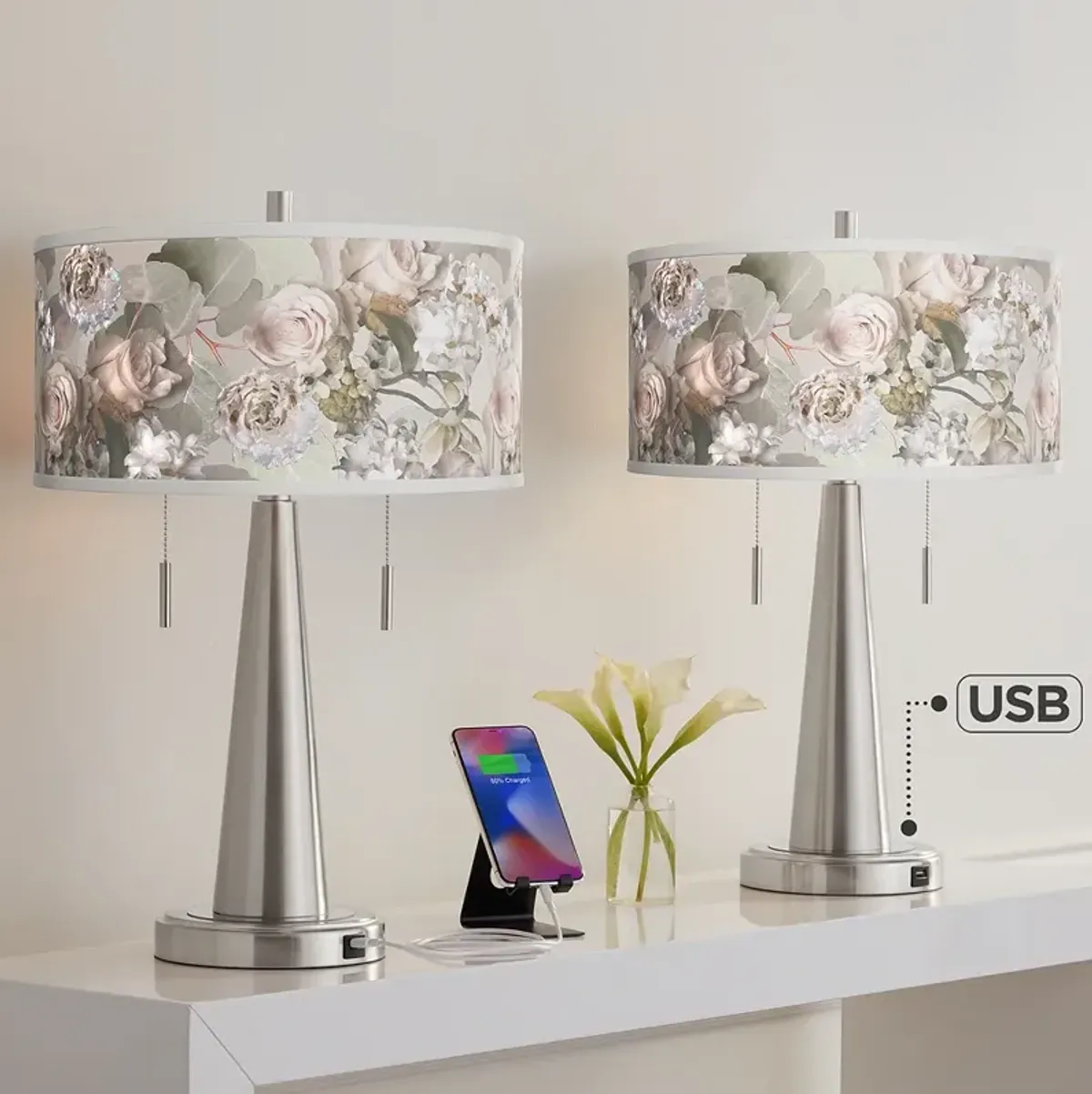 Giclee Glow Vicki 23" Rosy Blossoms and Nickel USB Lamps Set of 2