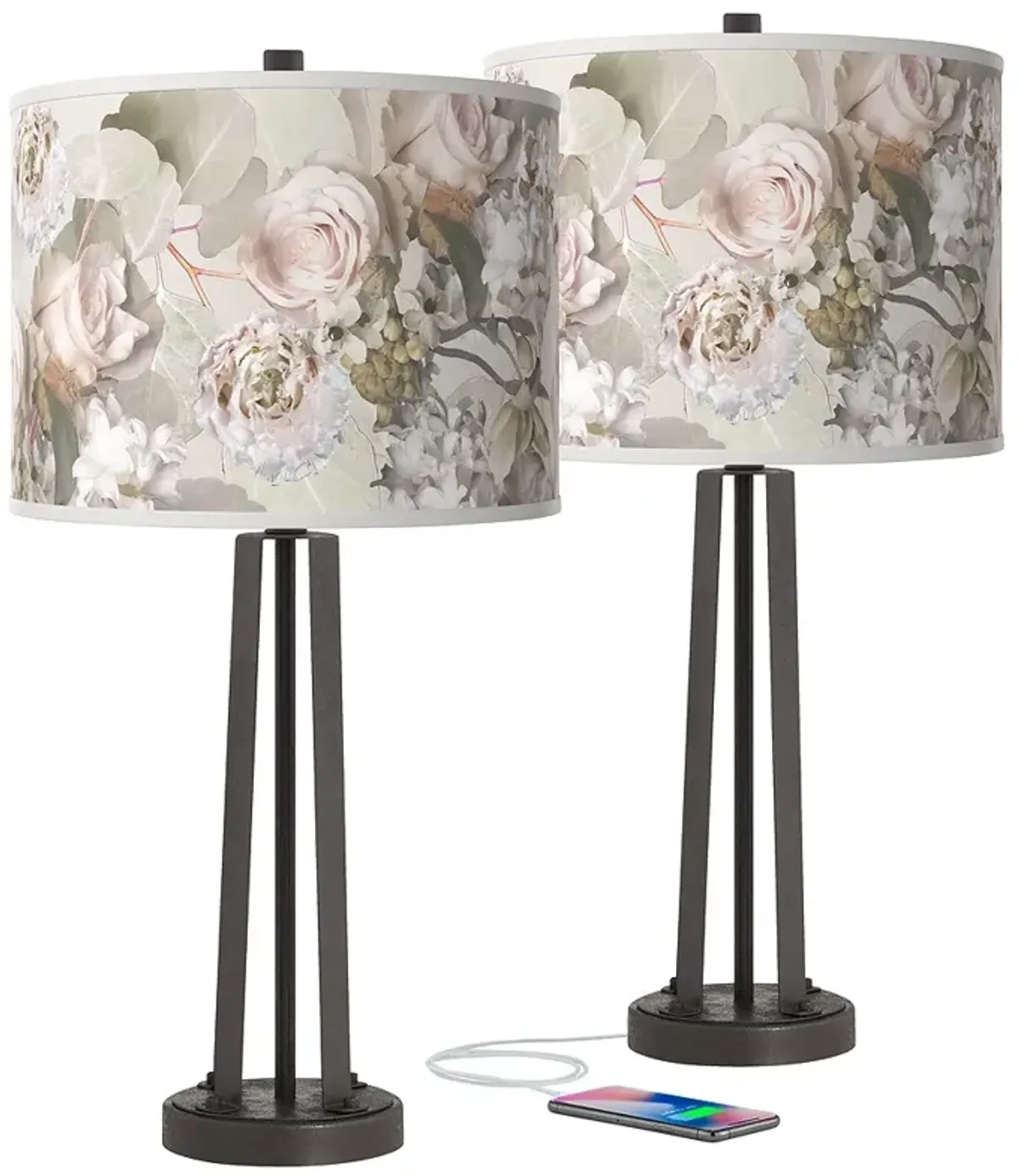 Giclee Glow 25 1/2" Rosy Blossoms Dark Bronze USB Table Lamps Set of 2