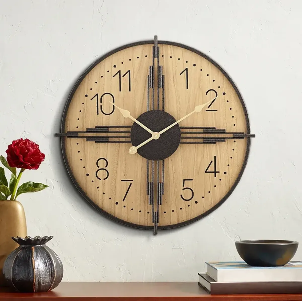 York 23.5" Round Matte Wood Antique Bronze Battery Powered Wall Clock