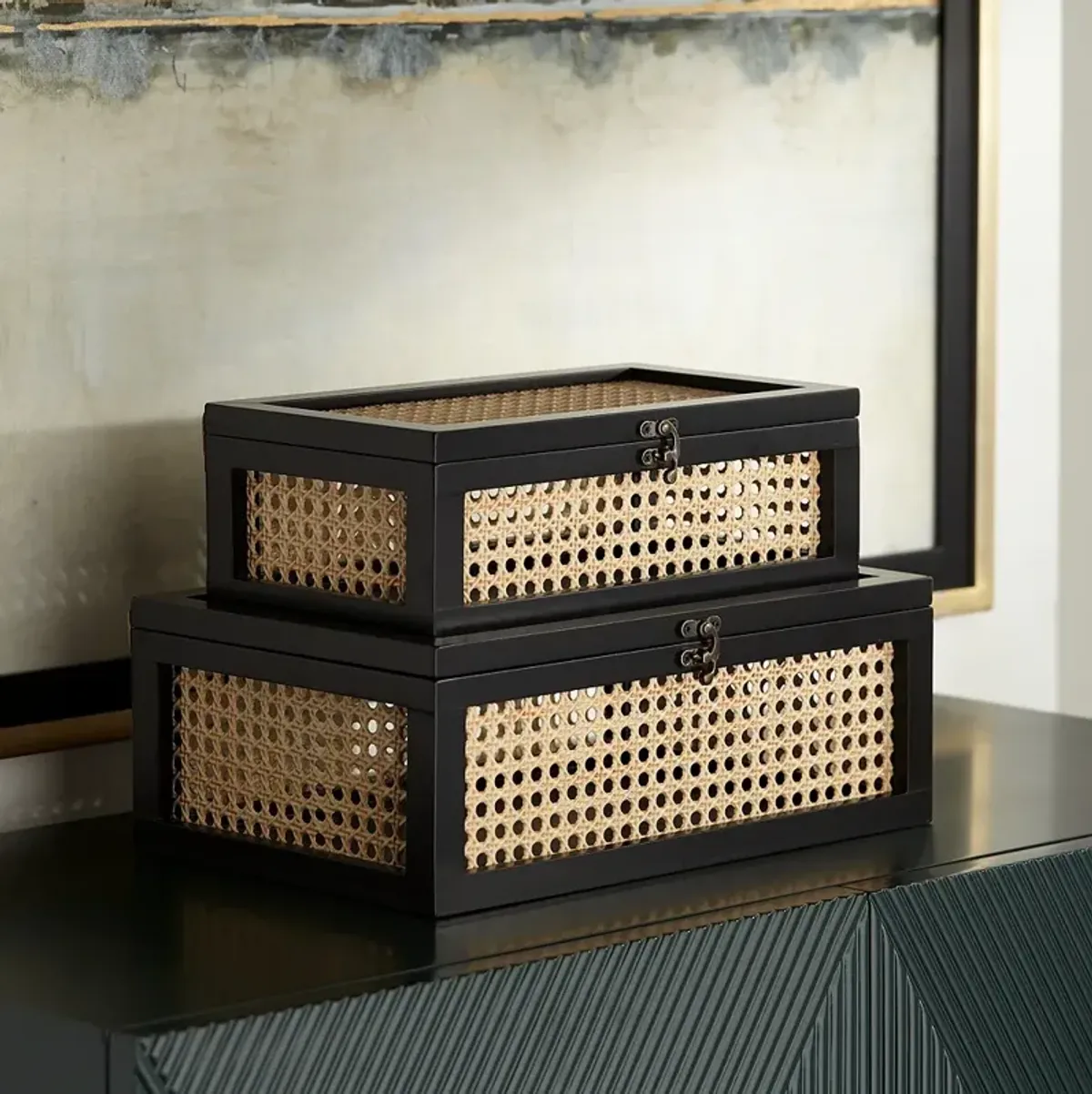 Kensington Hill Jamboree Black Wood and Mesh Decorative Boxes Set of 2