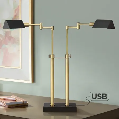 Possini Euro Keegan Warm Gold and Black 2-Arm Desk Lamp with Dual USB Ports