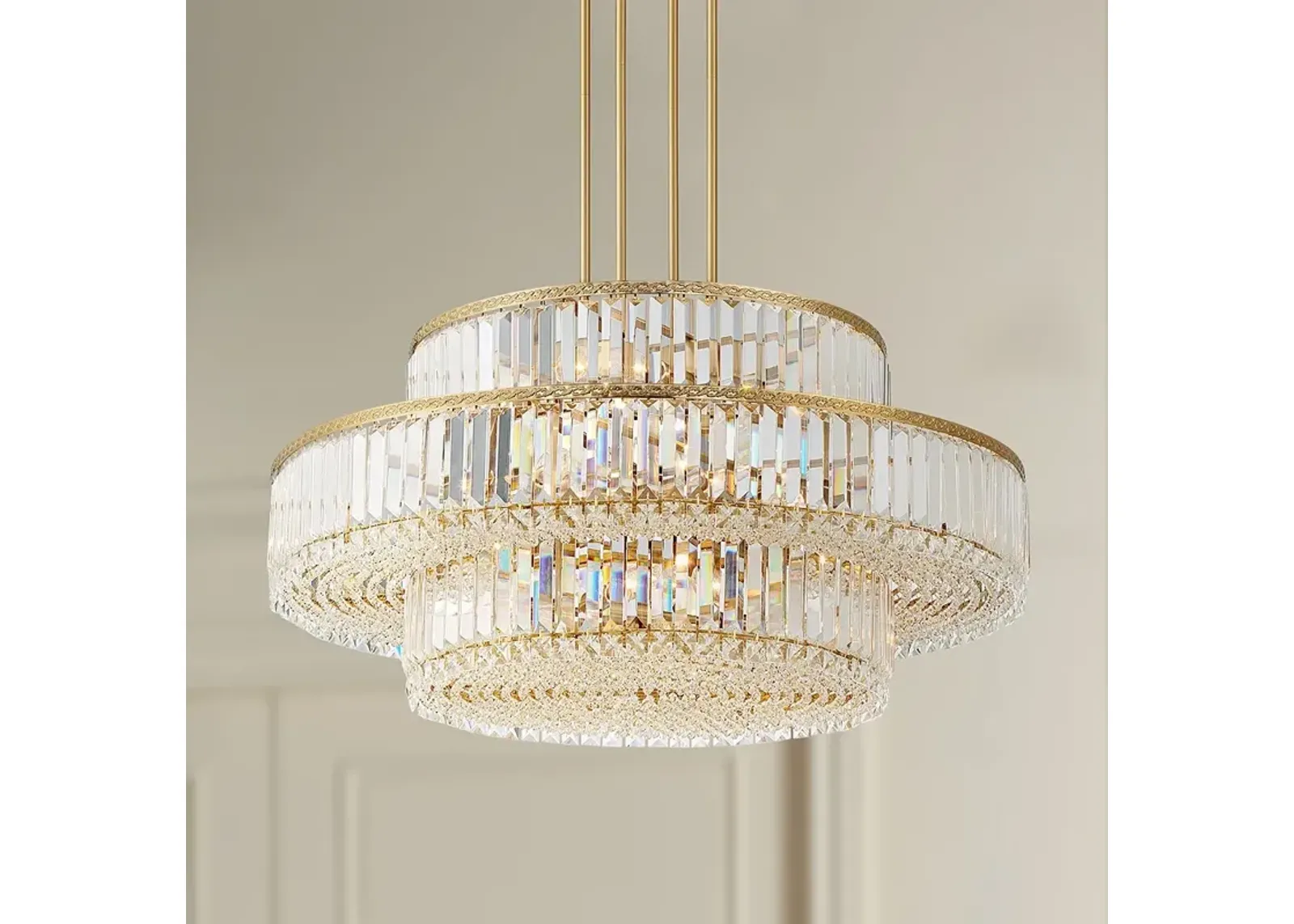 Stiffel Ella 32" Soft Gold and Crystal 16-Light Three-Tier Pendant