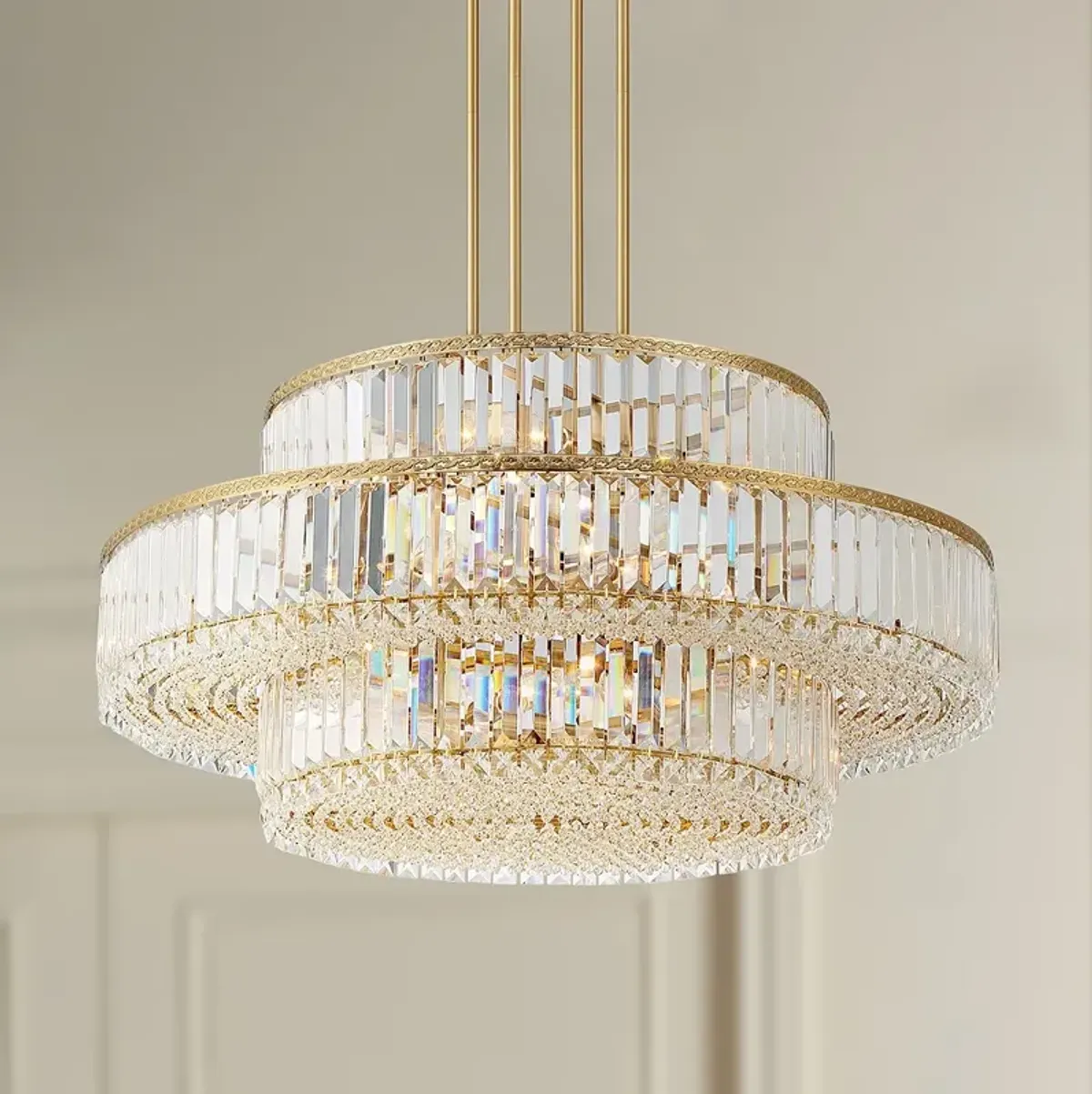 Stiffel Ella 32" Wide 16-Light 3-Tier Soft Gold and Crystal Chandelier