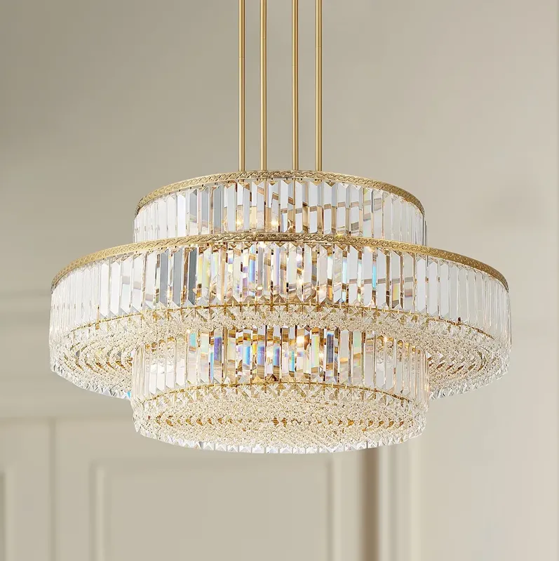 Stiffel Ella 32" Soft Gold and Crystal 16-Light Three-Tier Pendant