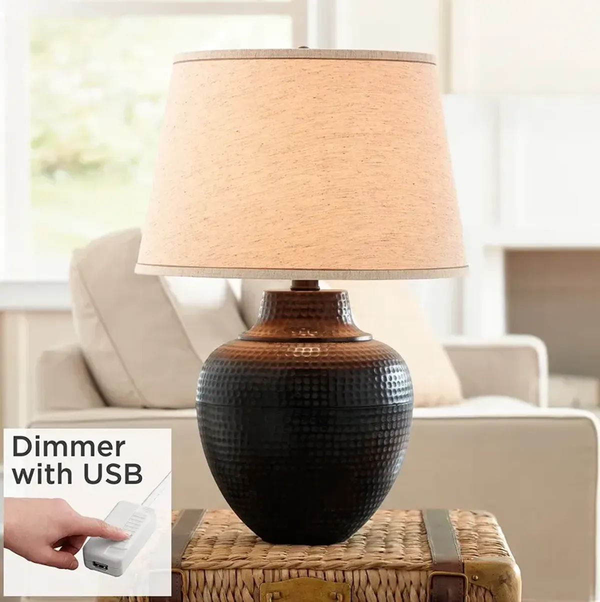 Barnes and Ivy Brighton 27 1/4" Hammered Bronze Lamp with USB Dimmer