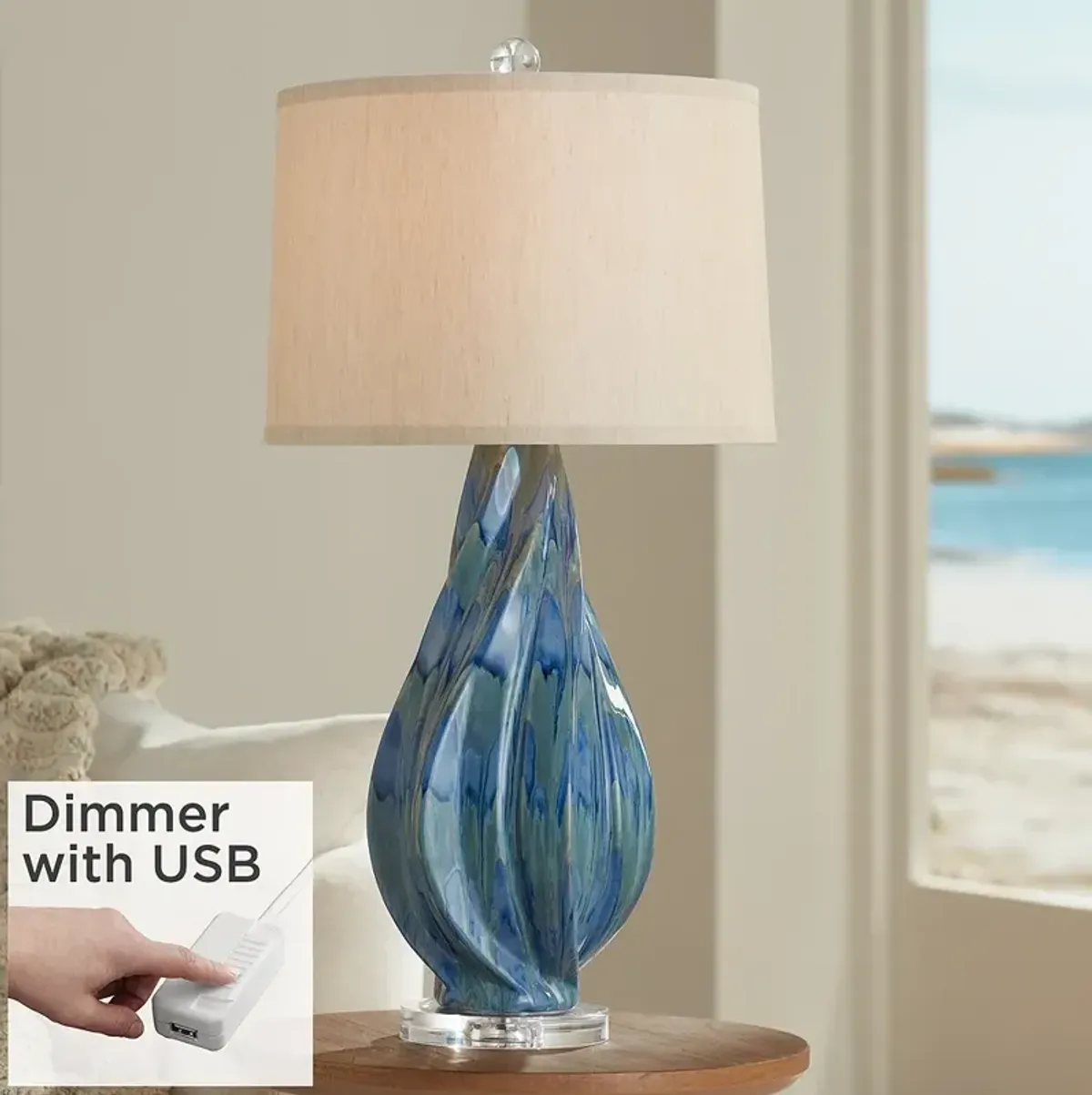 Teresa Teal Drip Modern Ceramic Table Lamp With USB Dimmer