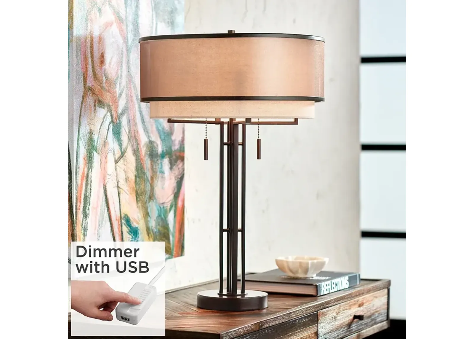 Andes Double Shade 27 1/2" High Industrial Table Lamp With USB Dimmer