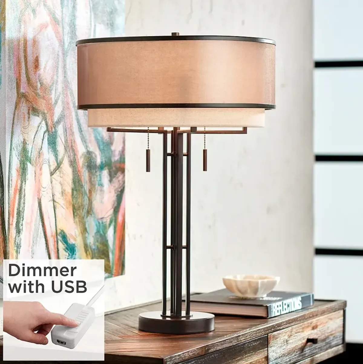 Andes Double Shade 27 1/2" High Industrial Table Lamp With USB Dimmer