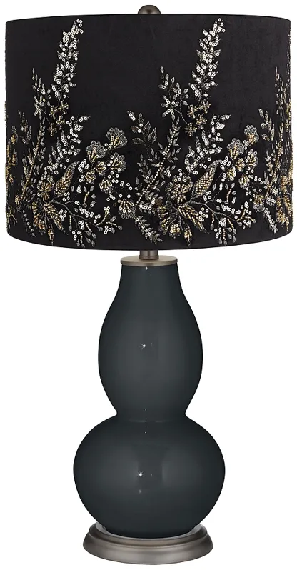 Black of Night Double Gourd Lamp w/ Black Gold Beading Shade