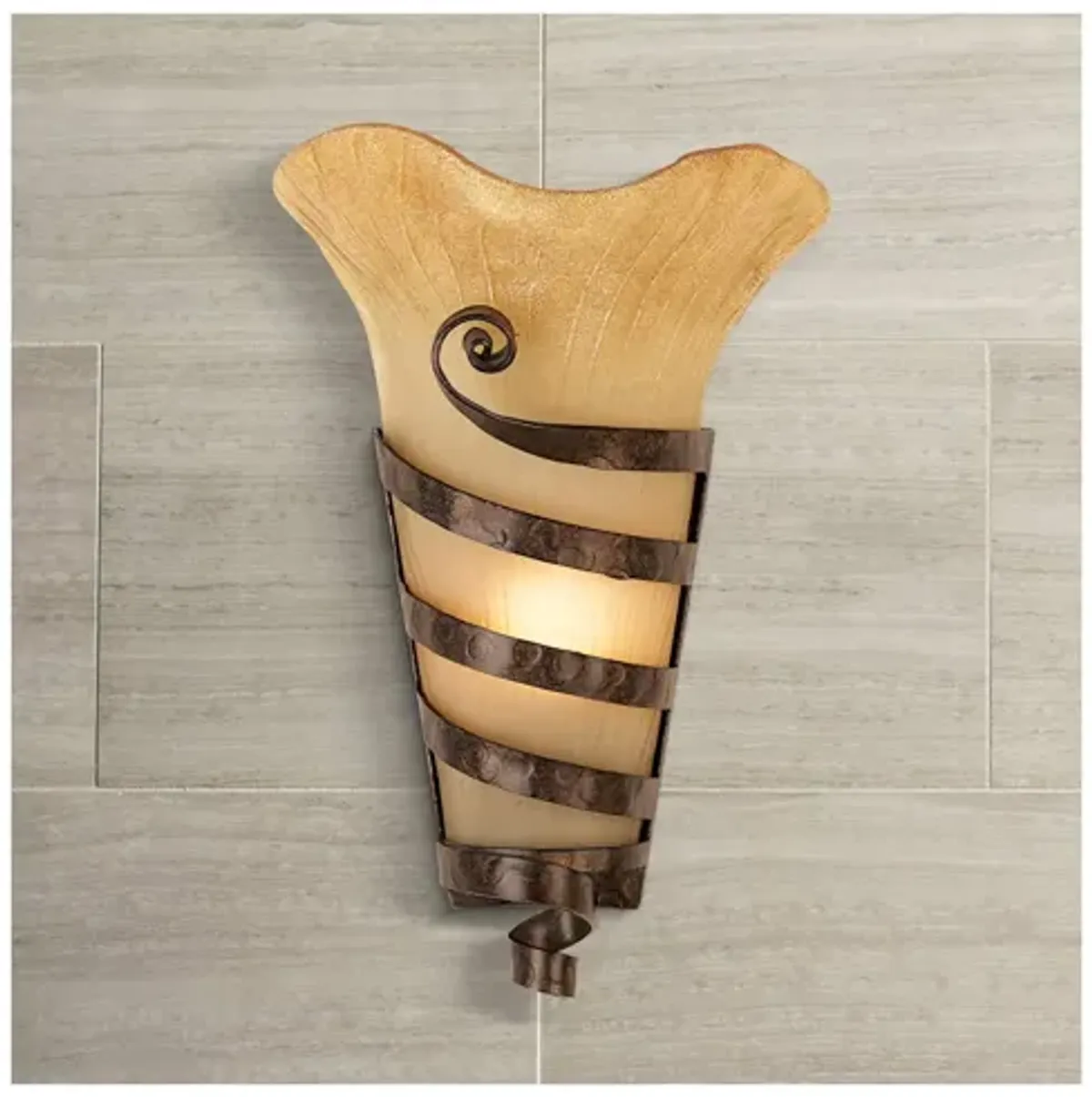 Franklin Iron Works Solara 14" Metal Scroll Scavo Glass Wall Sconce