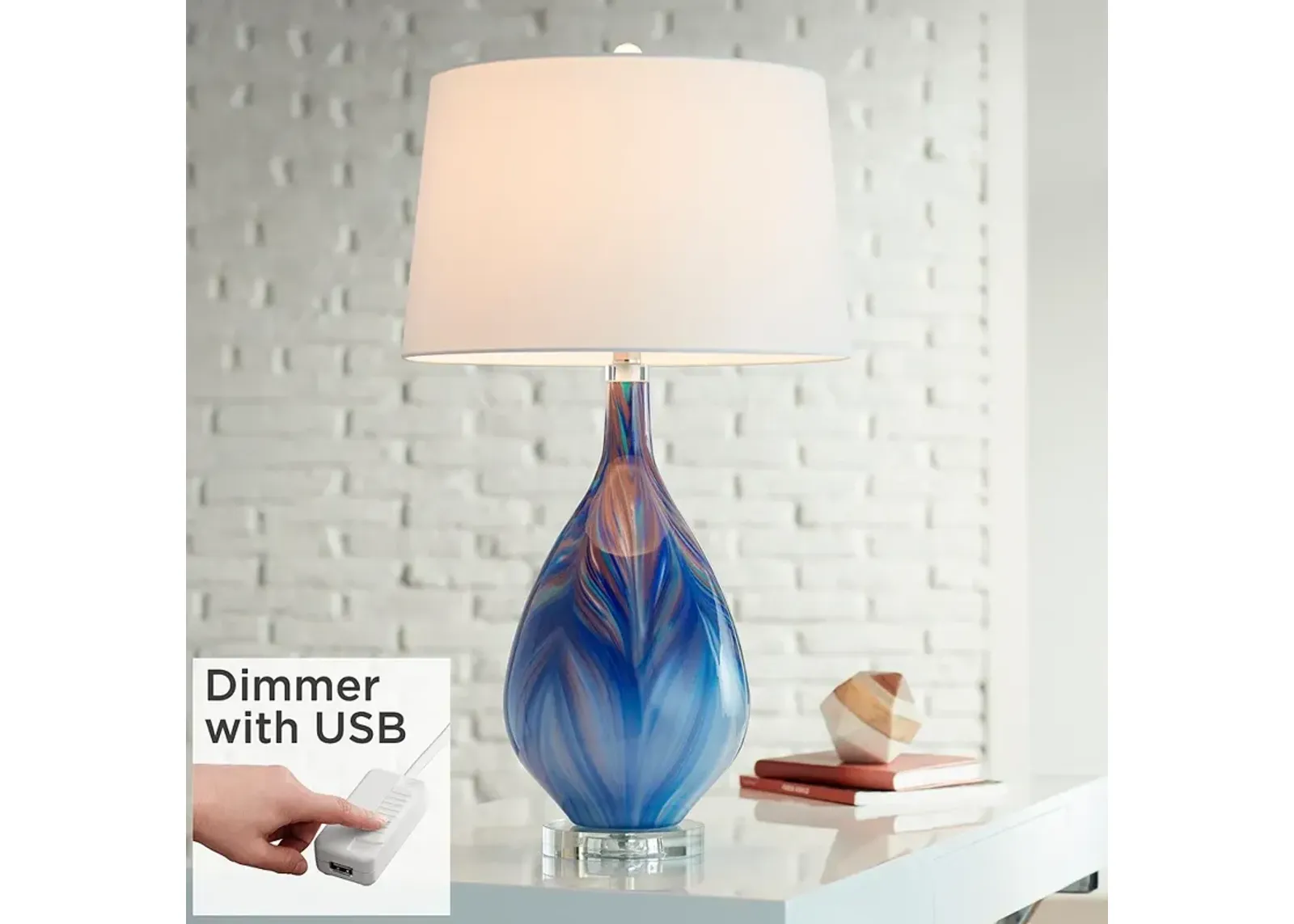 Possini Euro Taylor 29" Blue Art Glass Table Lamp with USB Dimmer