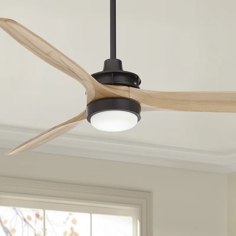 52" Windspun Matte Black and Natural Wood LED Ceiling Fan with Remote