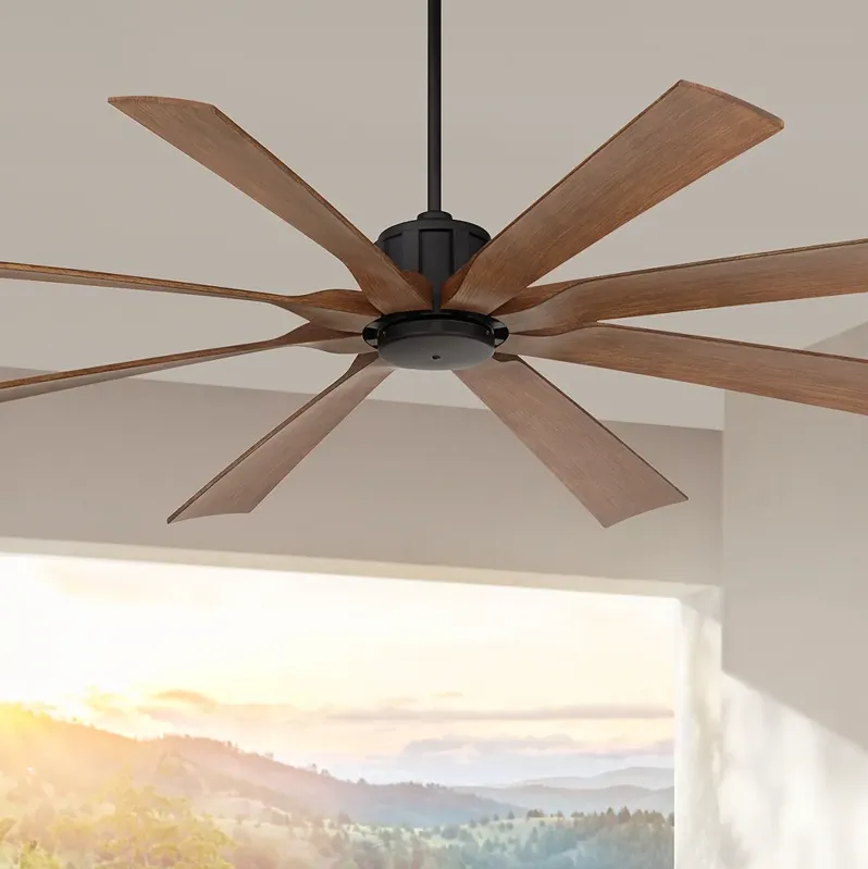 70" Possini Euro Defender Matte Black Koa Damp Ceiling Fan with Remote