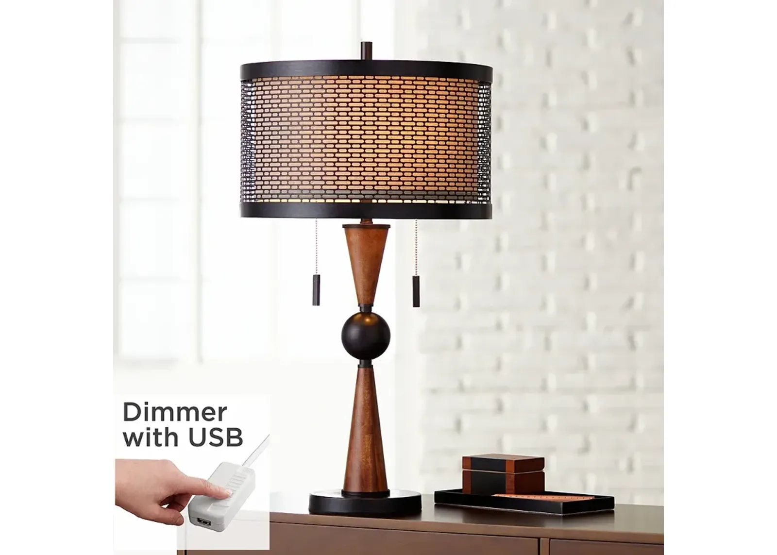 Hunter Bronze and Cherry Wood Modern Table Lamp with USB Dimmer