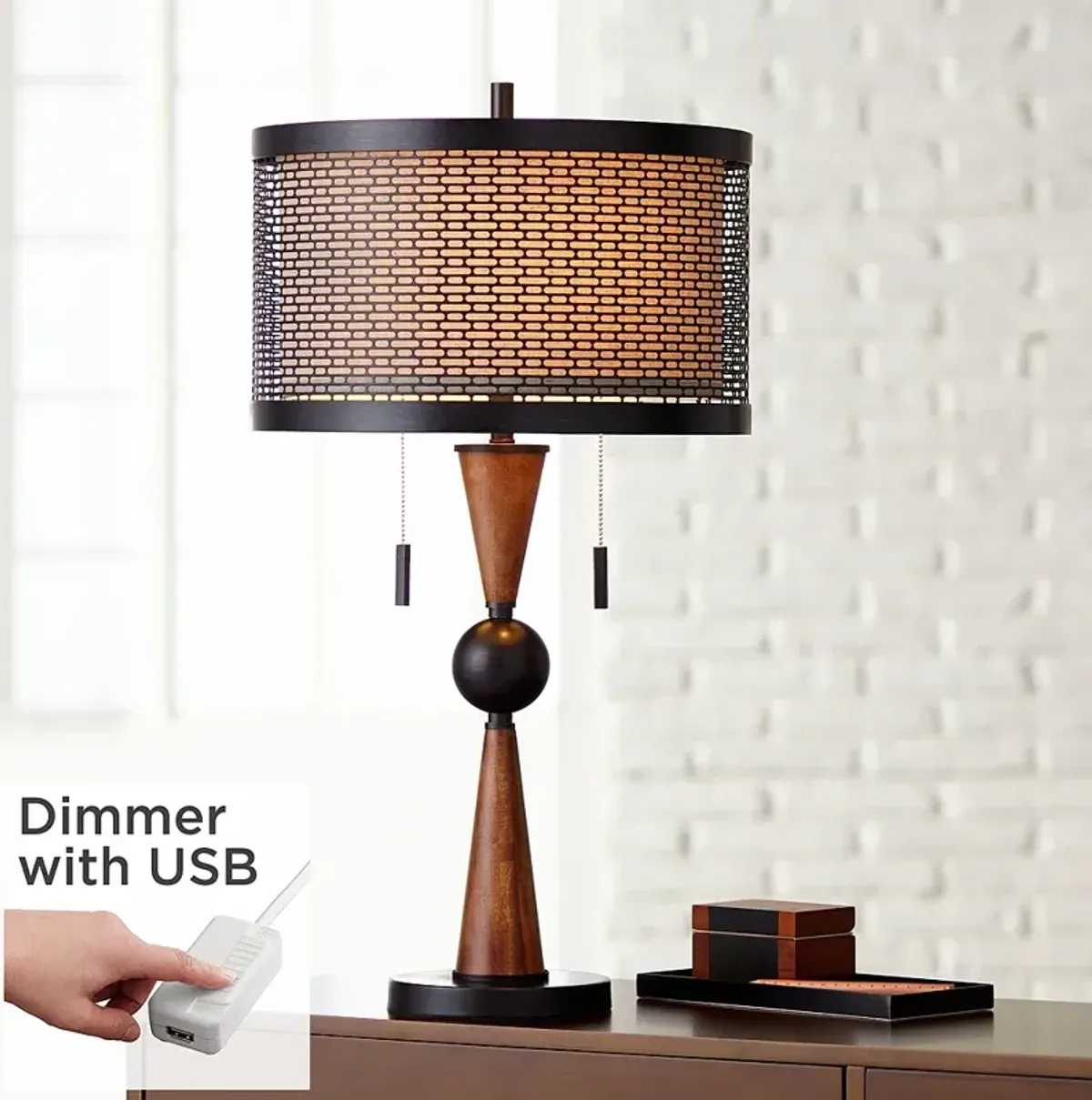 Hunter Bronze and Cherry Wood Modern Table Lamp with USB Dimmer