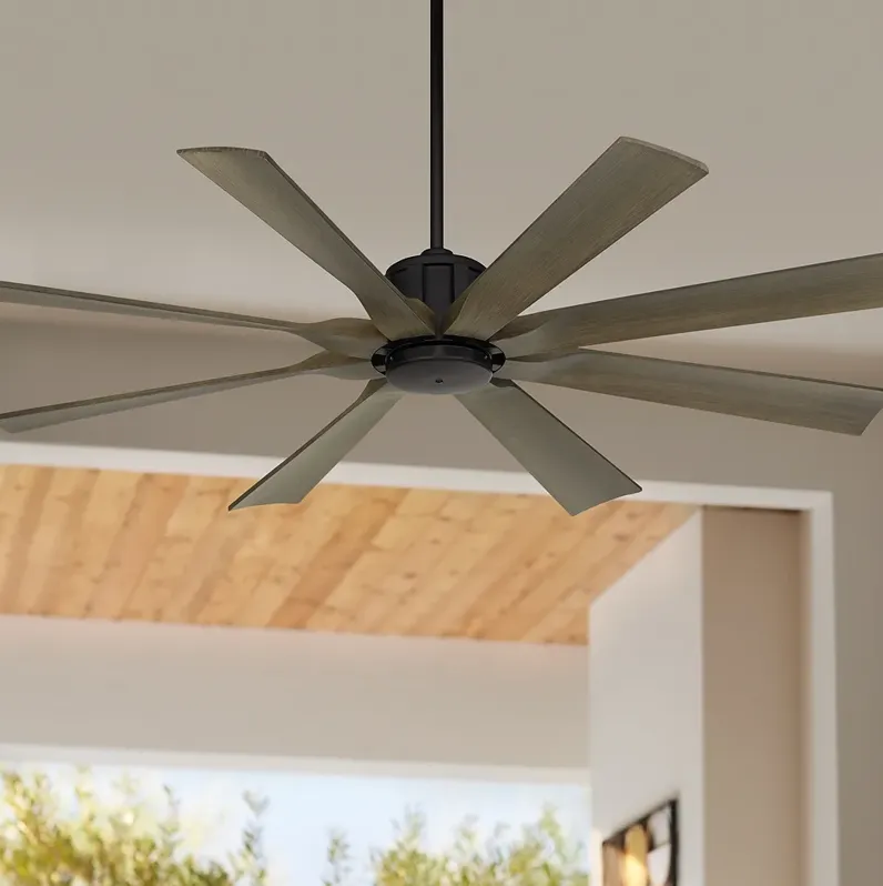 60" Possini Euro Defender Matte Black Weathered Oak Damp Ceiling Fan