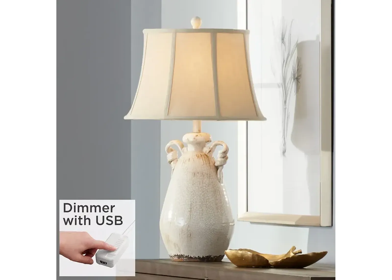 Regency Hill Isabella 27" Ivory Ceramic Table Lamp with USB Dimmer