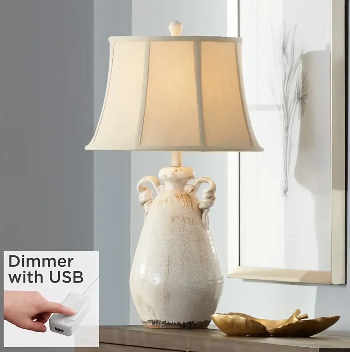 Regency Hill Isabella 27" Ivory Ceramic Table Lamp with USB Dimmer