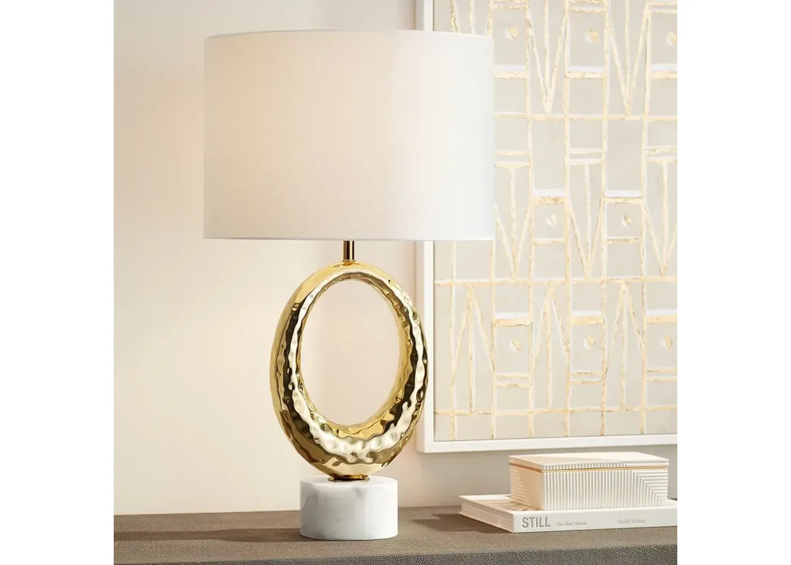 Possini Euro Elliptical Marble and Gold Modern Table Lamp with Dimmer