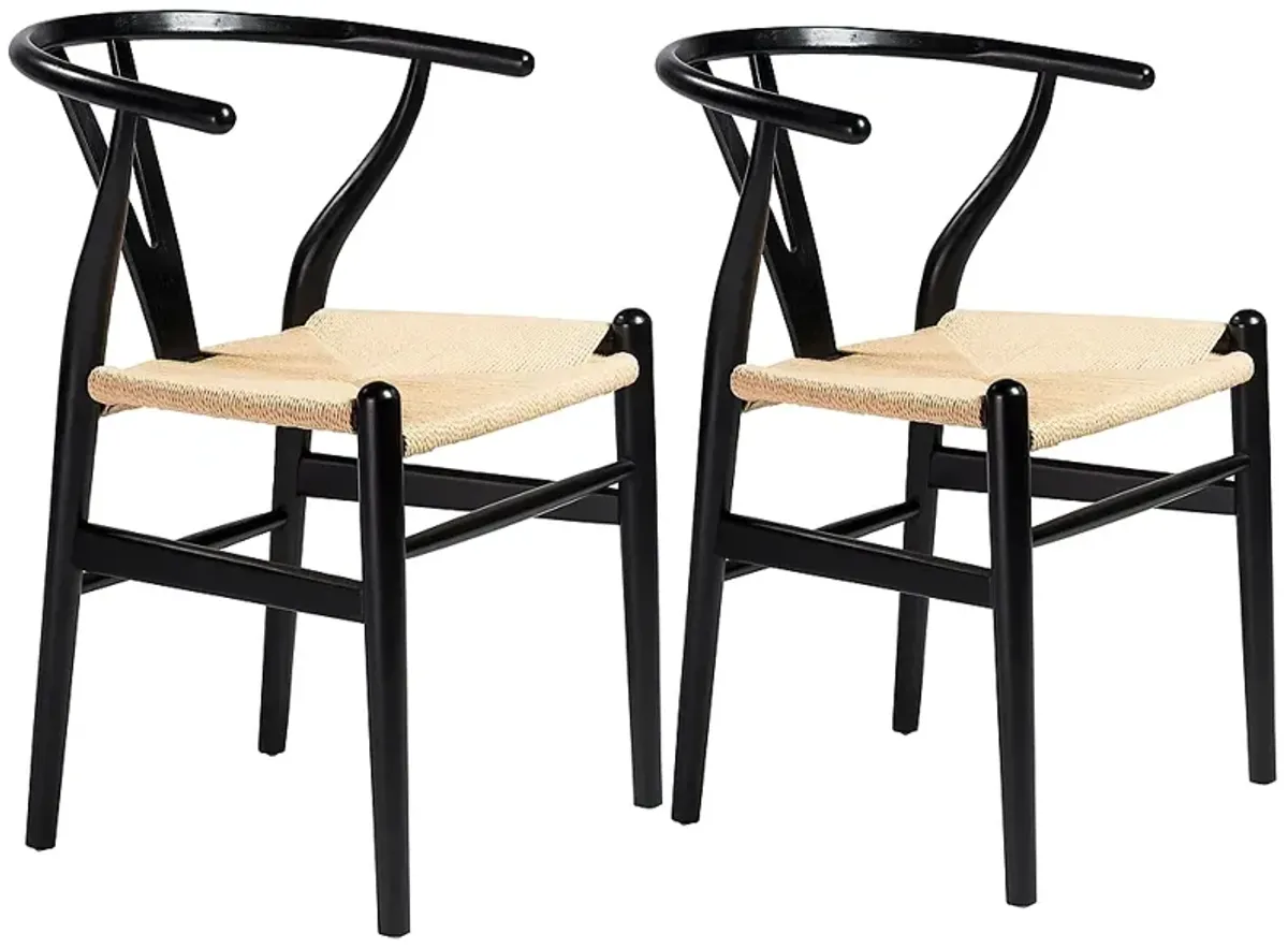 Evelina Black Wood Side Chairs Set of 2 with Natural Seat