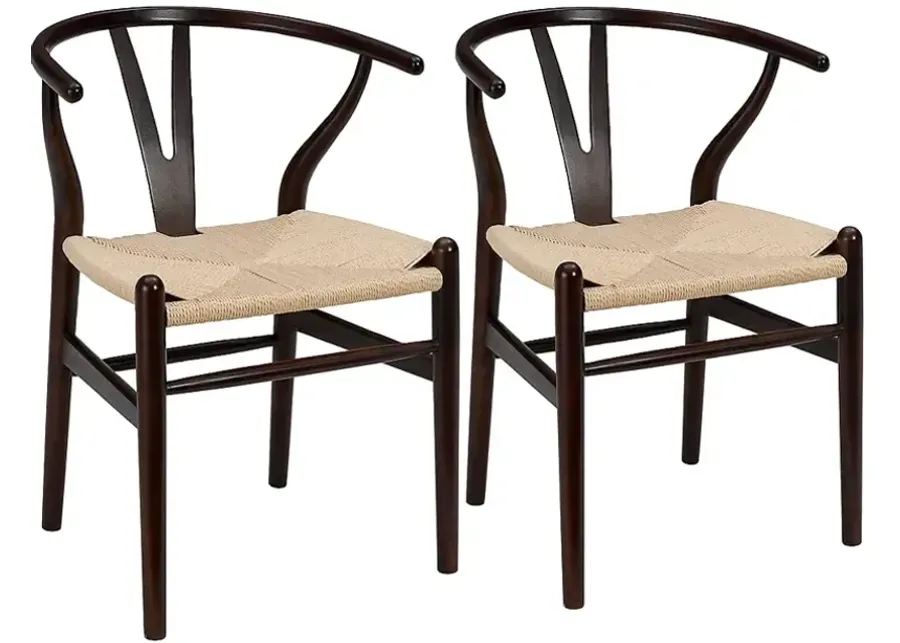 Evelina Walnut Wood Side Chairs Set of 2 with Natural Seat