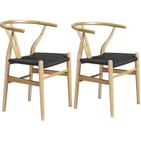 Evelina Natural Wood Side Chairs Set of 2 with Black Seat