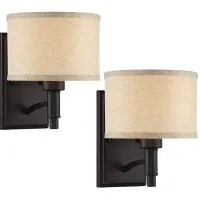 Franklin Iron Works La Pointe 9" Linen and Bronze Wall Sconce Set of 2