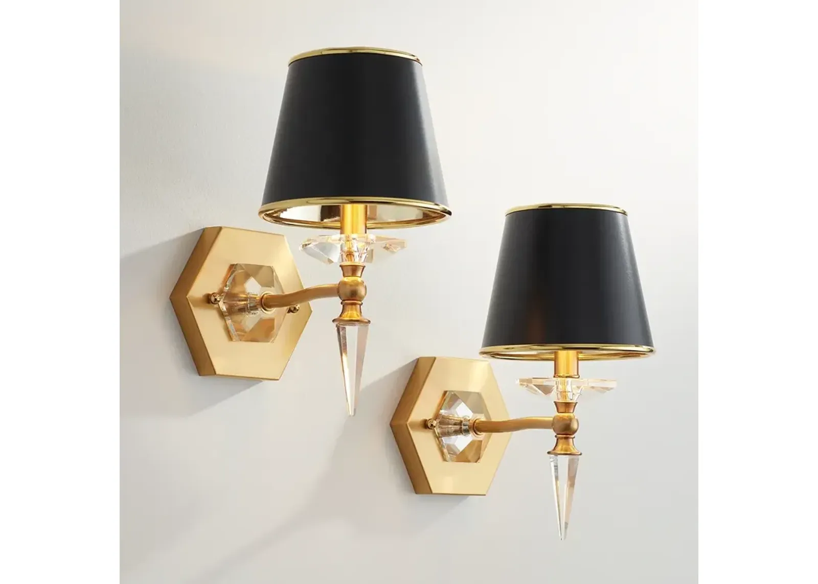 Manhattan 13" High Black and Brass Crystal Wall Sconce Set of 2