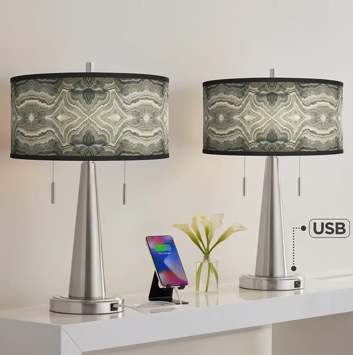 Giclee Glow Vicki 23" Sprouting Marble Shade USB Table Lamps Set of 2