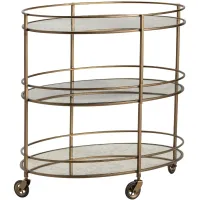 Waterford 31 1/2" Wide Gold and Mirrored Oval 3-Shelf Rolling Bar Cart