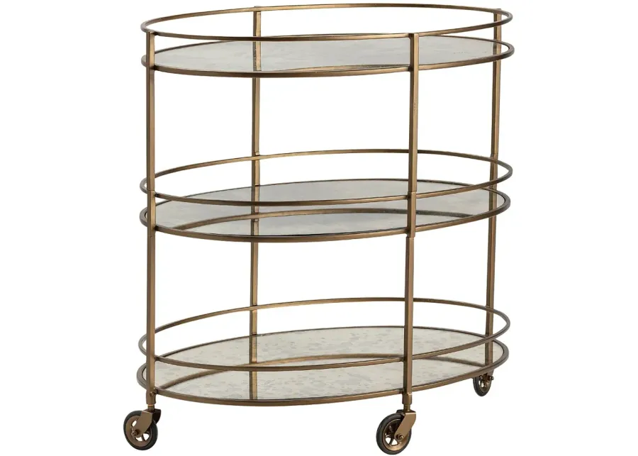 Waterford 31 1/2" Wide Gold and Mirrored Oval 3-Shelf Rolling Bar Cart