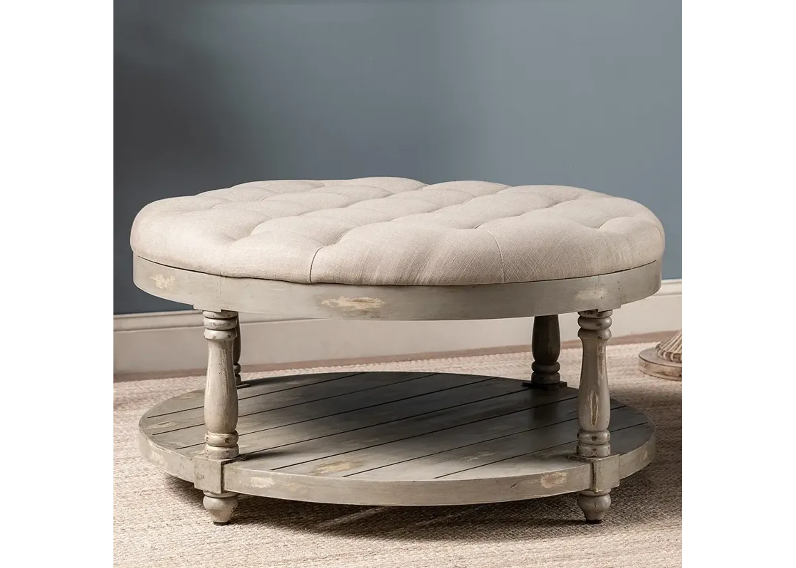 Crestview Collection Julia Gray Upholstery and Wood Round Ottoman