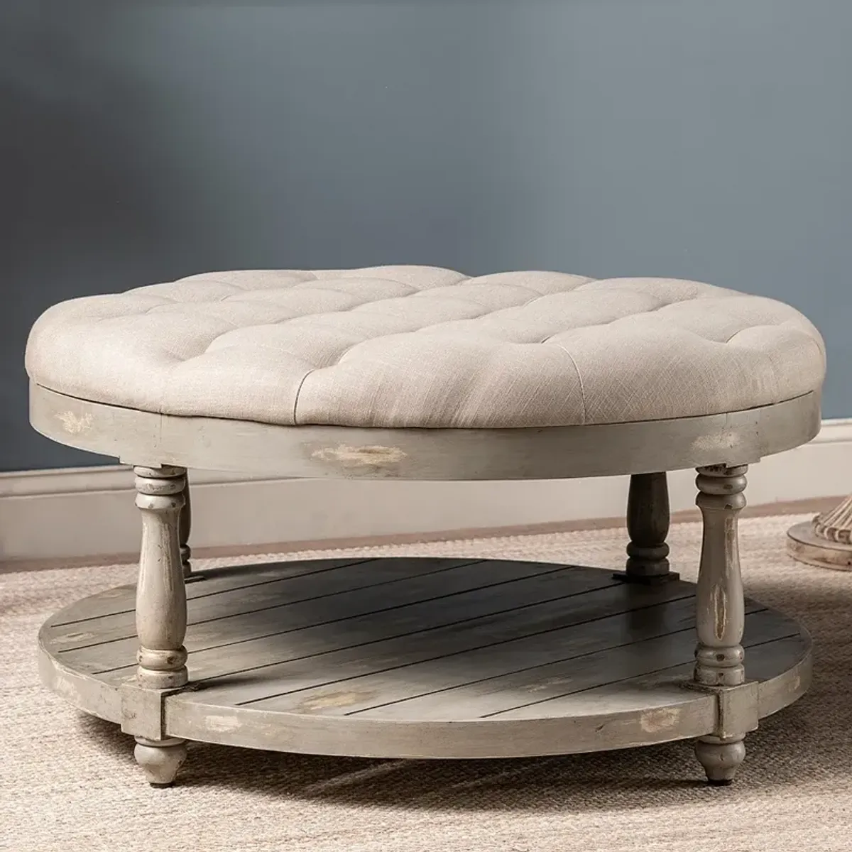 Crestview Collection Julia Gray Upholstery and Wood Round Ottoman