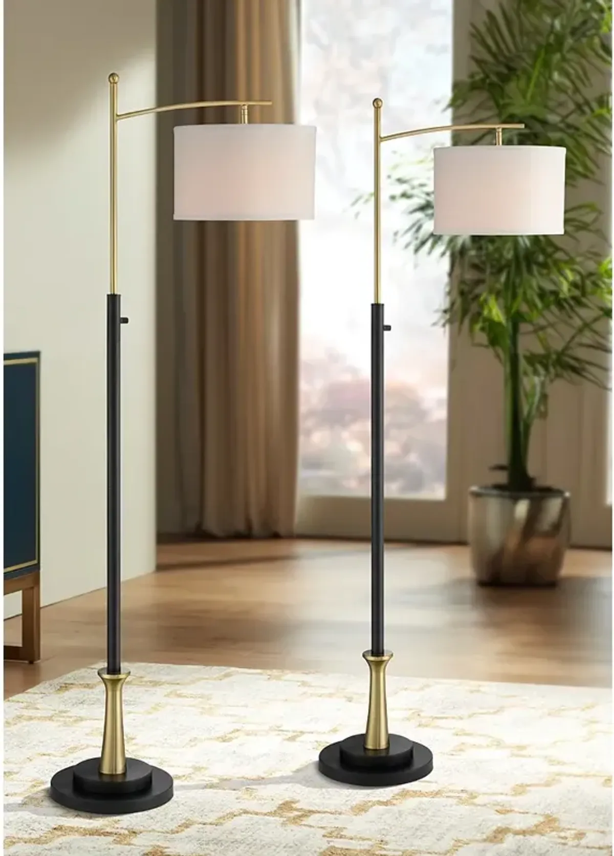 Possini Euro Burbank 64" Black Brass Downbridge Floor Lamps Set of 2