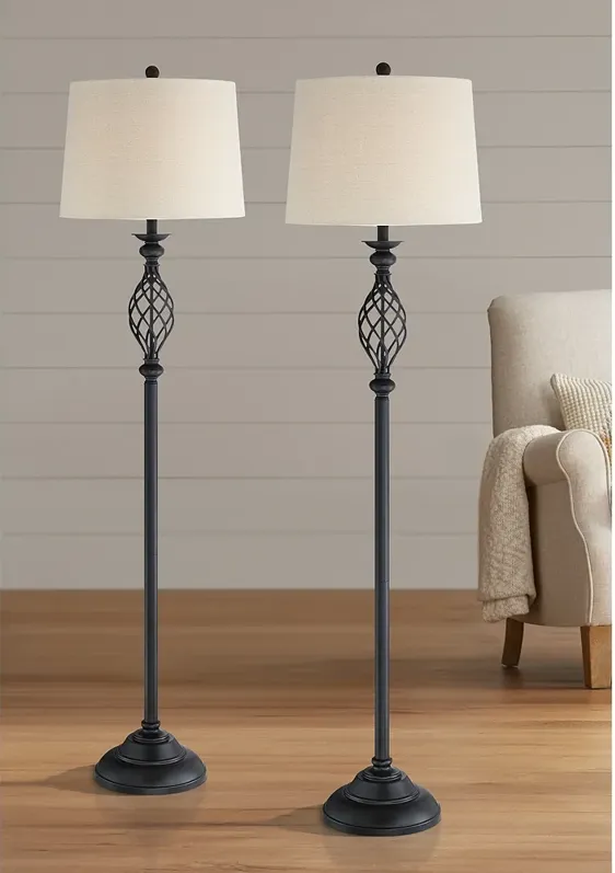 Franklin Iron Works Annie 63" Bronze Iron Scroll Floor Lamps Set of 2