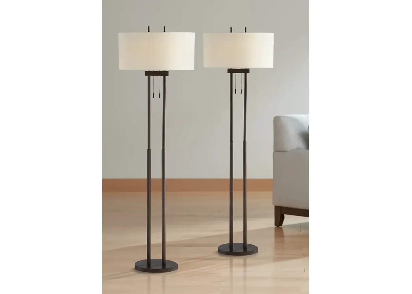 Franklin Iron Works Roscoe 62" Bronze Pole Modern Floor Lamps Set of 2