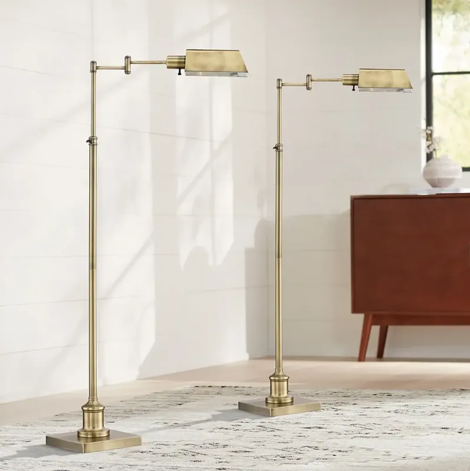 Regency Hill Jenson Brass Adjustable Height Pharmacy Floor Lamps Set of 2