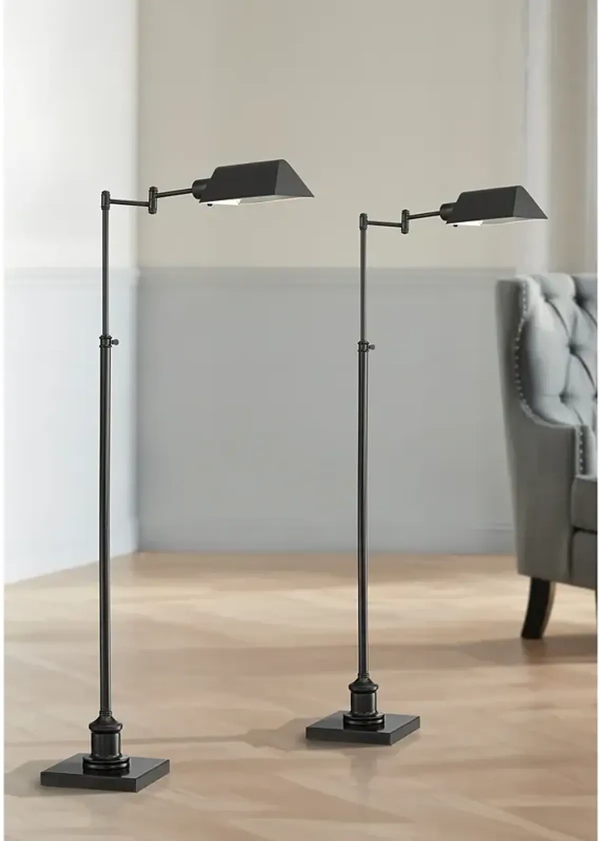 Jenson Bronze Adjustable Height Swing Arm Pharmacy Floor Lamps Set of 2