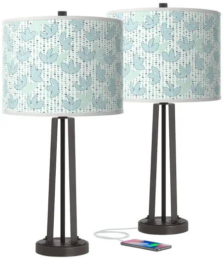 Giclee Glow Susan 25 1/2" Spring Shade with Bronze USB Lamps Set of 2
