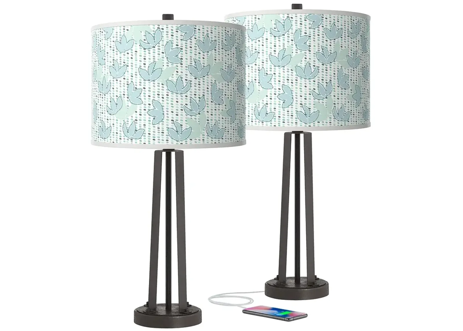 Giclee Glow Susan 25 1/2" Spring Shade with Bronze USB Lamps Set of 2