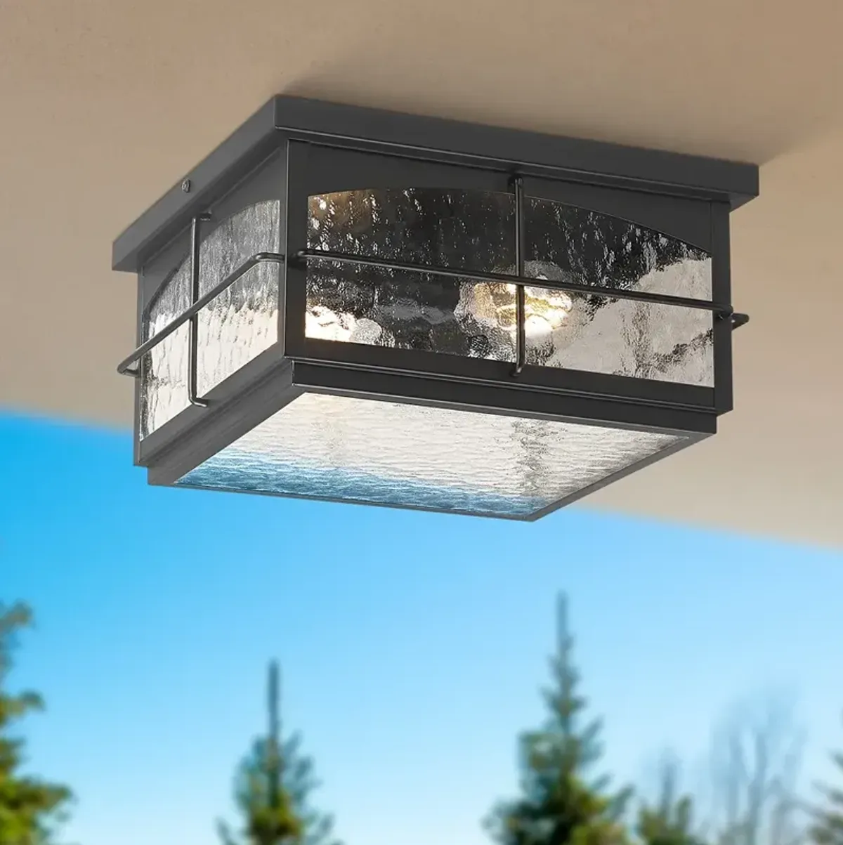 Braylon 12" Wide Black and Hammered Glass Outdoor Ceiling Light