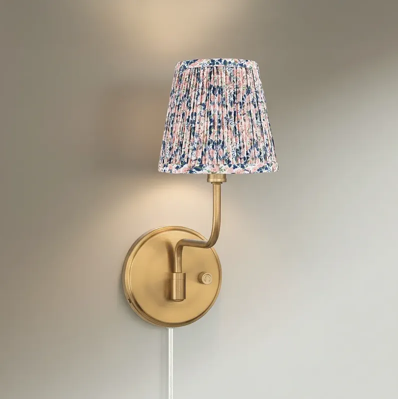 Emma 9 1/2"H Warm Brass Plug-In Wall Sconce Blue Pink Floral Shade