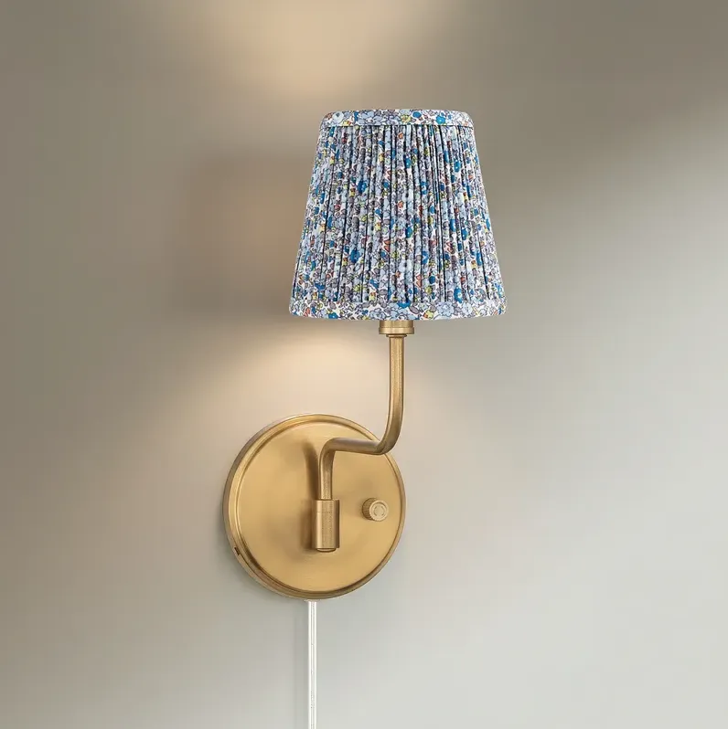 Emma 9 1/2"H Warm Brass Plug-In Wall Sconce Blue Floral Pleated Shade