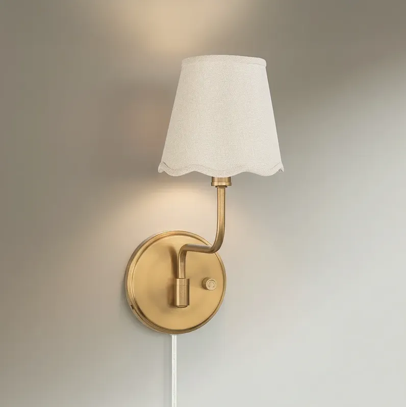 Emma 9 1/2"H Warm Brass Plug-In Wall Sconce Off-White Scallop Shade