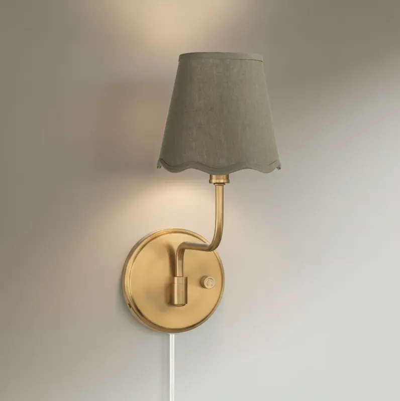 Emma 9 1/2"H Warm Brass Plug-In Wall Sconce Dark Sage Scallop Shade